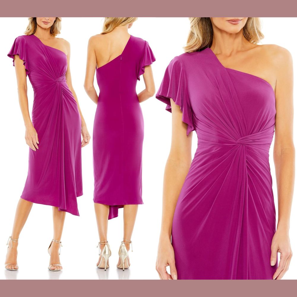 Nwt $258 Mac Duggal [ 4 ] One Shoulder Jersey Cocktail Midi Dress Magenta S1022